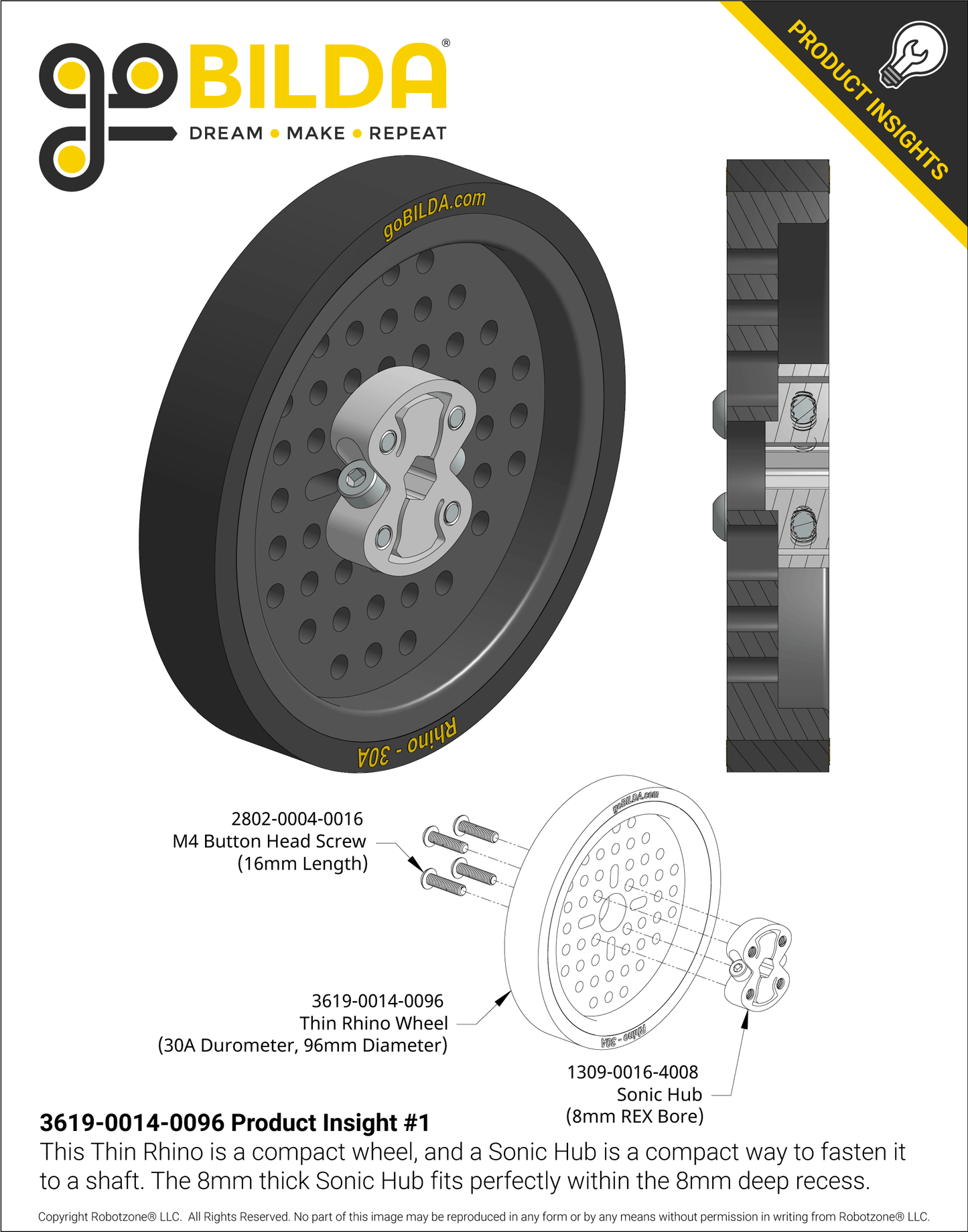 3619 Series Thin Rhino Wheel (14mm Bore, 96mm Diameter, 30A Durometer)