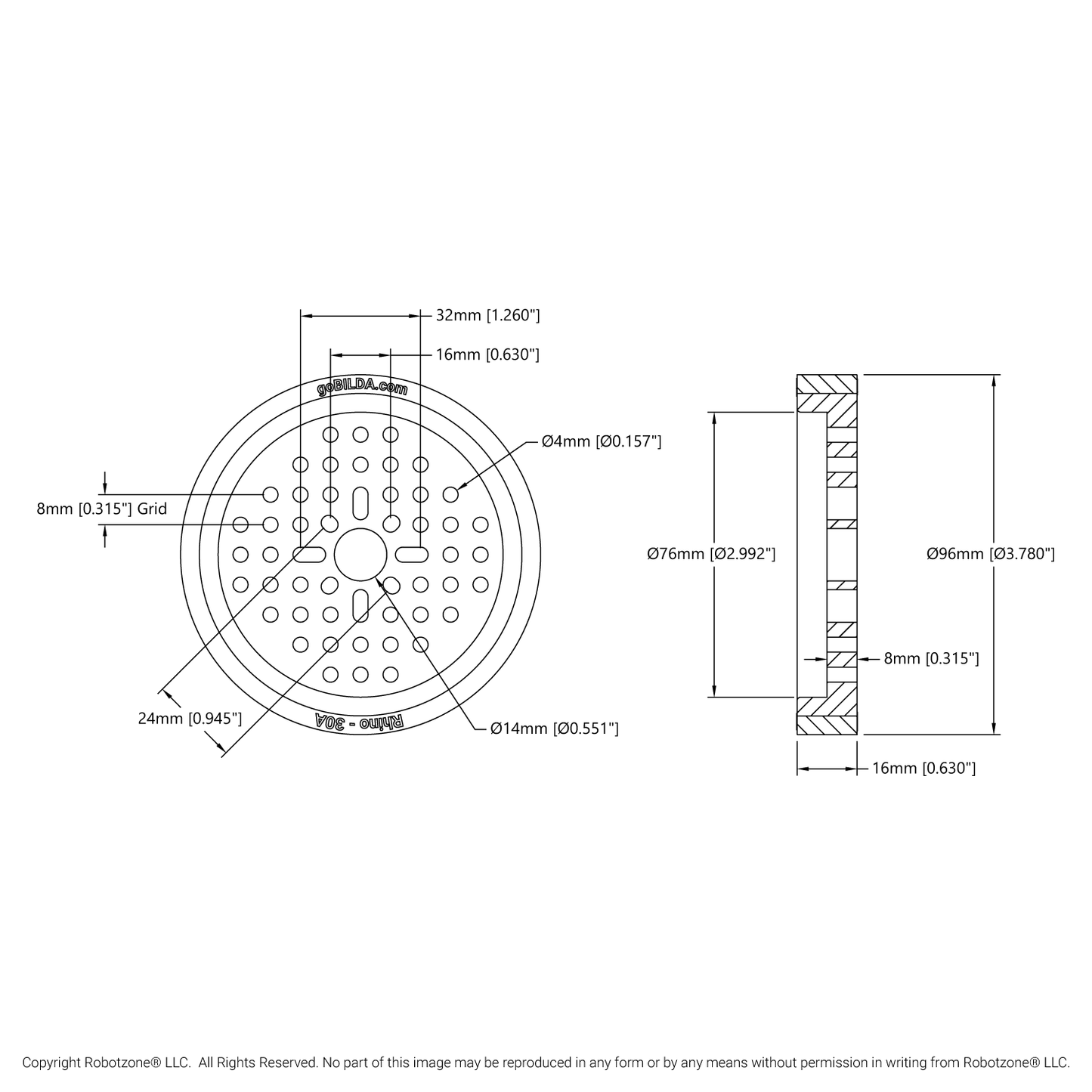 3619 Series Thin Rhino Wheel (14mm Bore, 96mm Diameter, 30A Durometer)