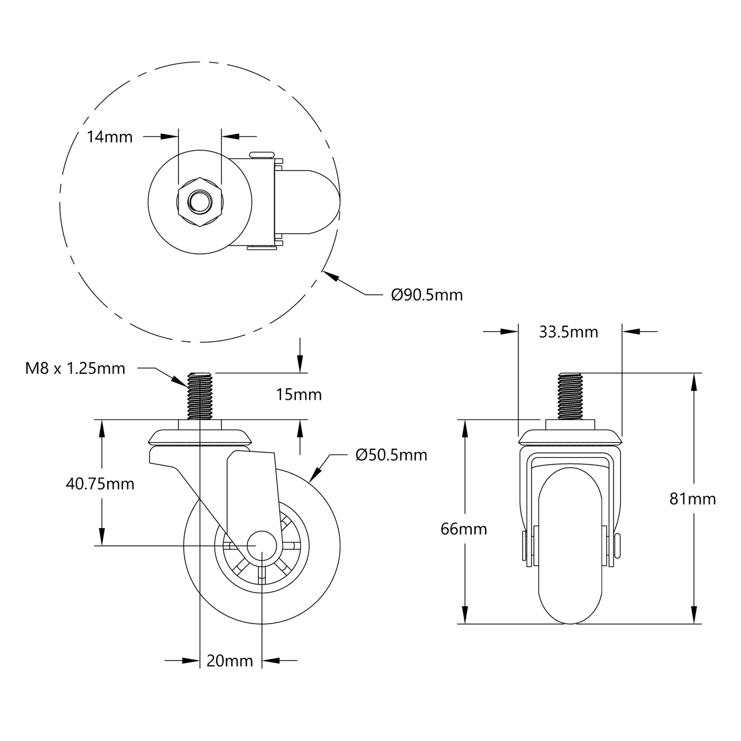 Swivel Caster Wheel (M8 x 1.25mm Male Stud)