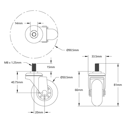 Swivel Caster Wheel (M8 x 1.25mm Male Stud)