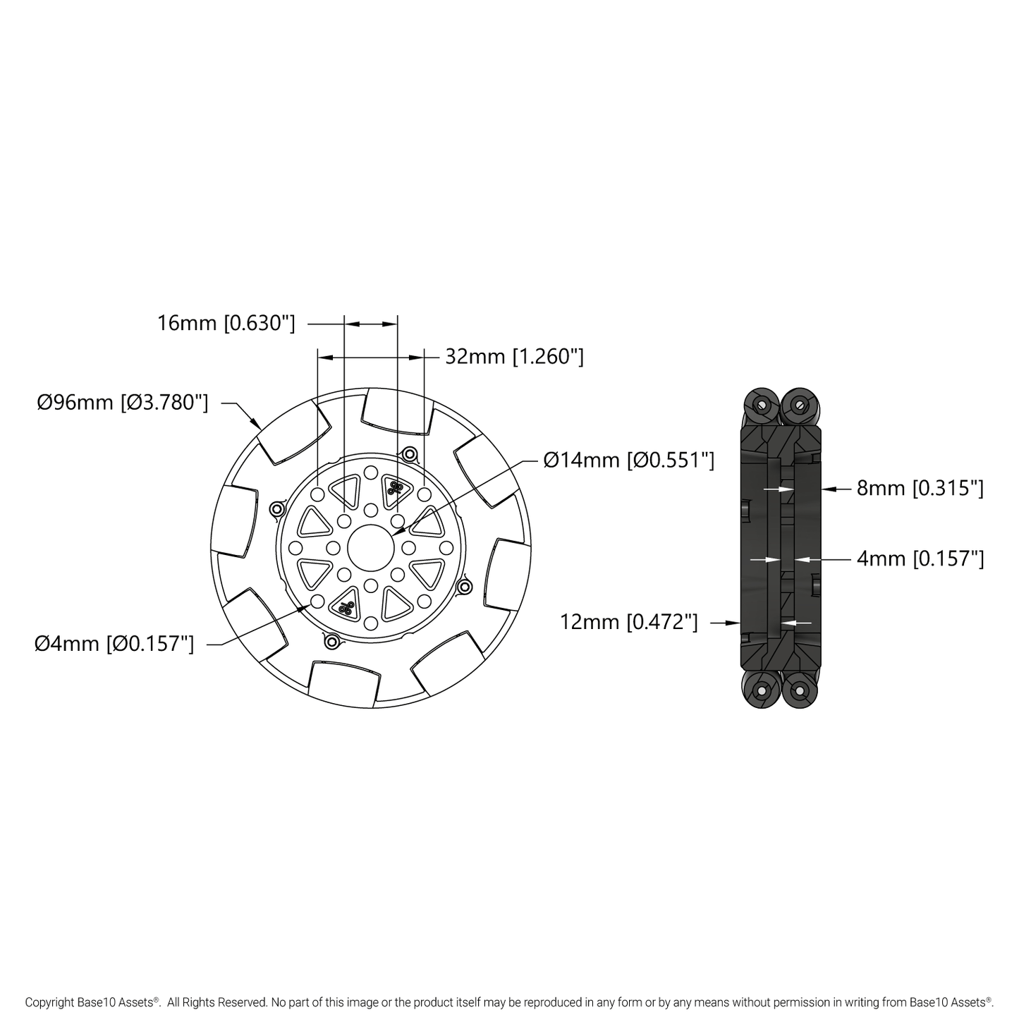 96mm Omni Wheel (14mm Bore, 50A Durometer)