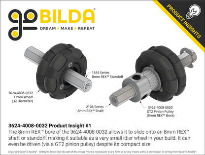 3624 Series Omni Wheel (8mm REX™ Bore, 32mm Diameter, 50A Durometer)