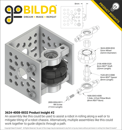 3624 Series Omni Wheel (8mm REX™ Bore, 32mm Diameter, 50A Durometer)