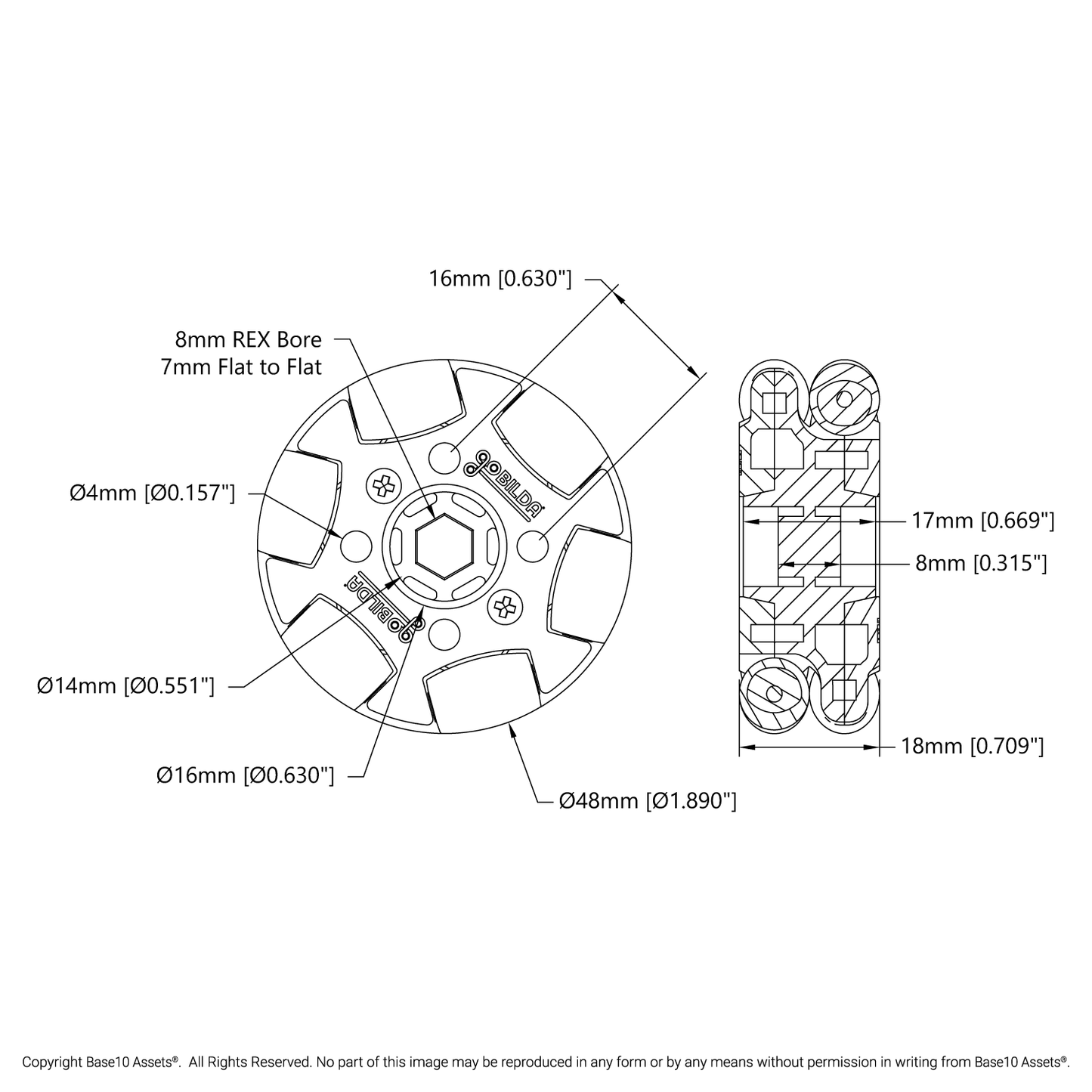 48mm Omni Wheel (8mm REX™ Bore, 50A Durometer)