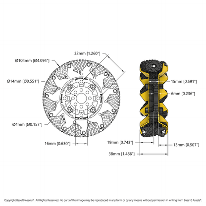 GripForce™ Mecanum Wheel Set (Ø104mm, 40A Durometer Rollers)