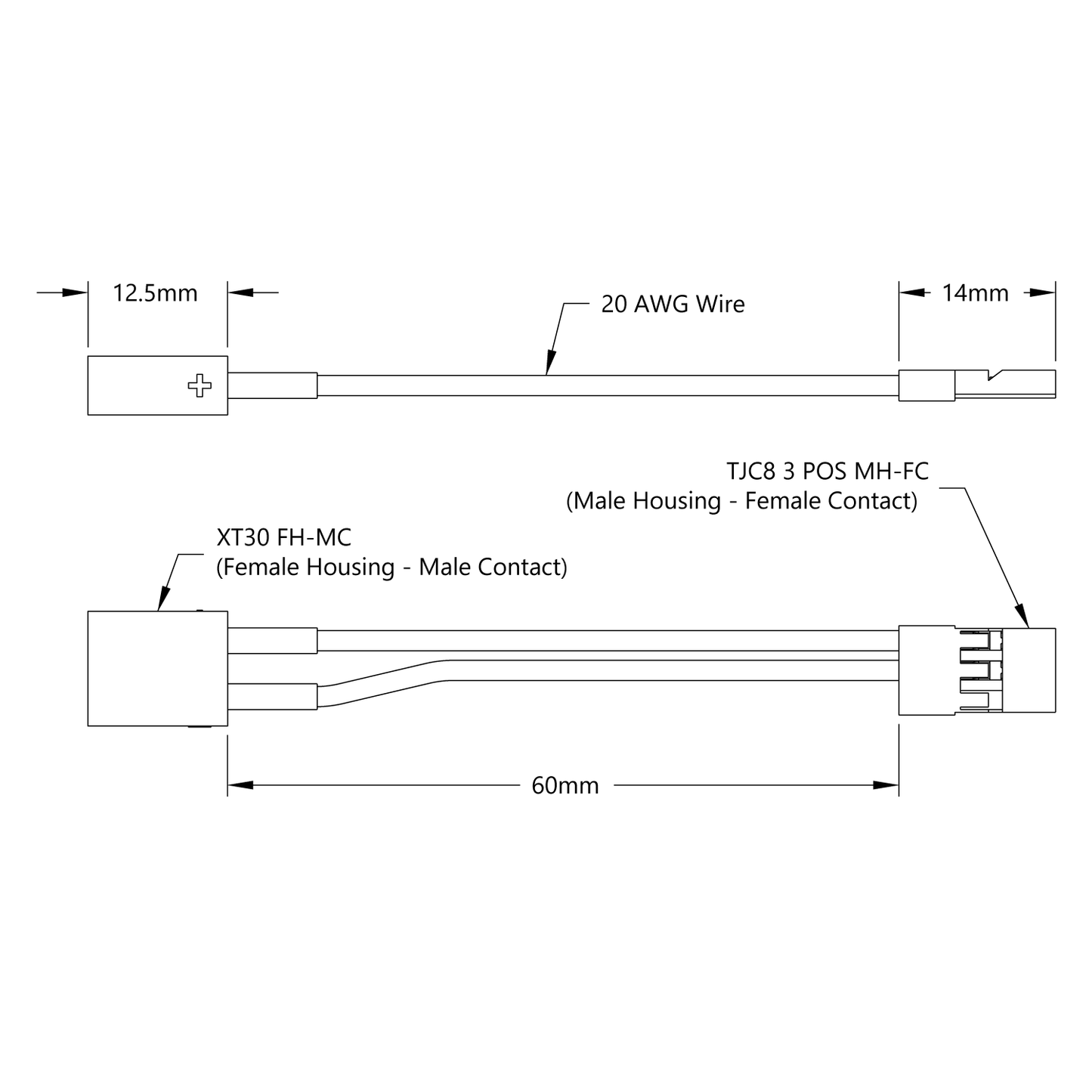 XT30 [FH-MC] to 2-Pos TJC8 Power Connector [MH-FC] Adaptor (60mm Length)