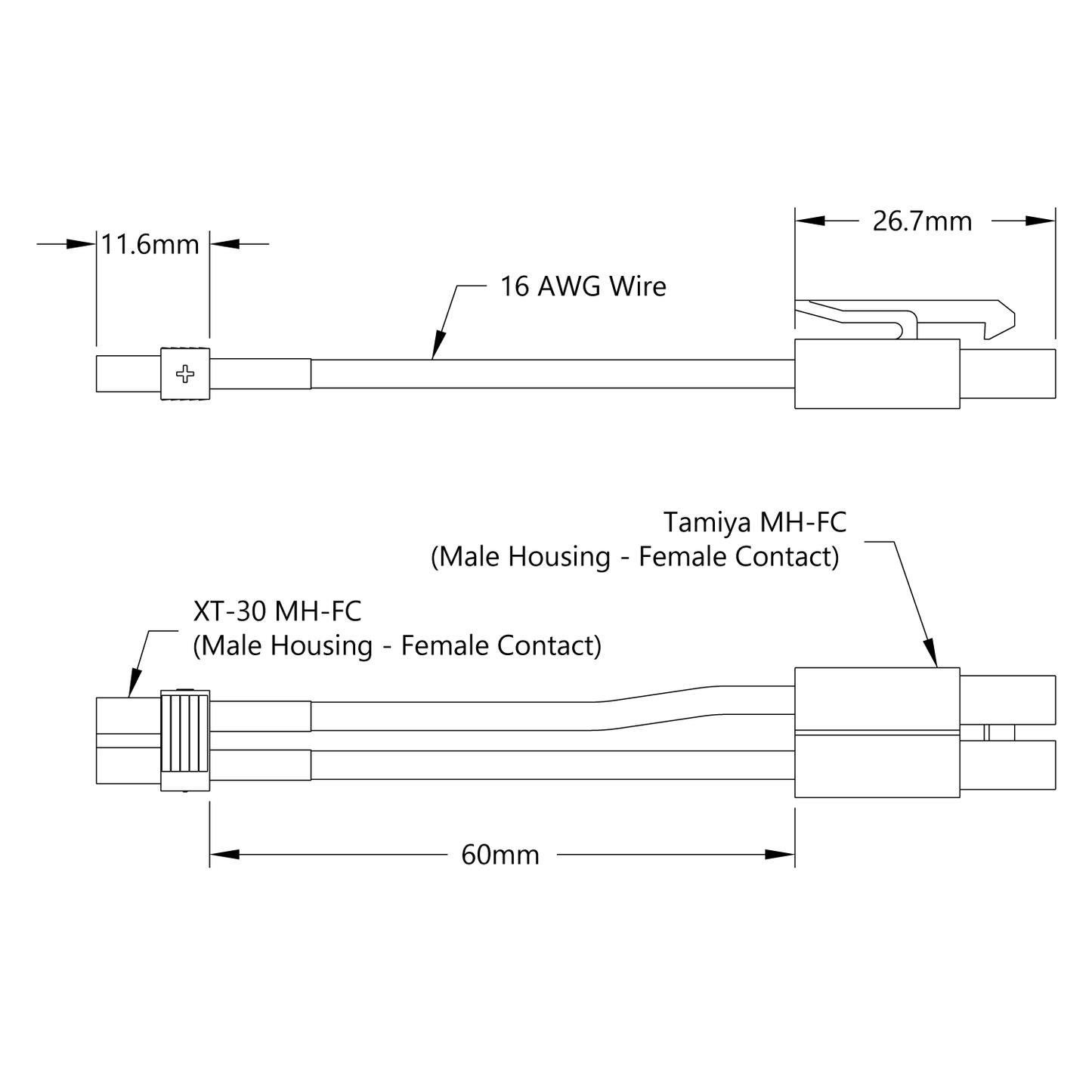 XT30 [MH-FC] to Tamiya [MH-FC] Adaptor (60mm Length)