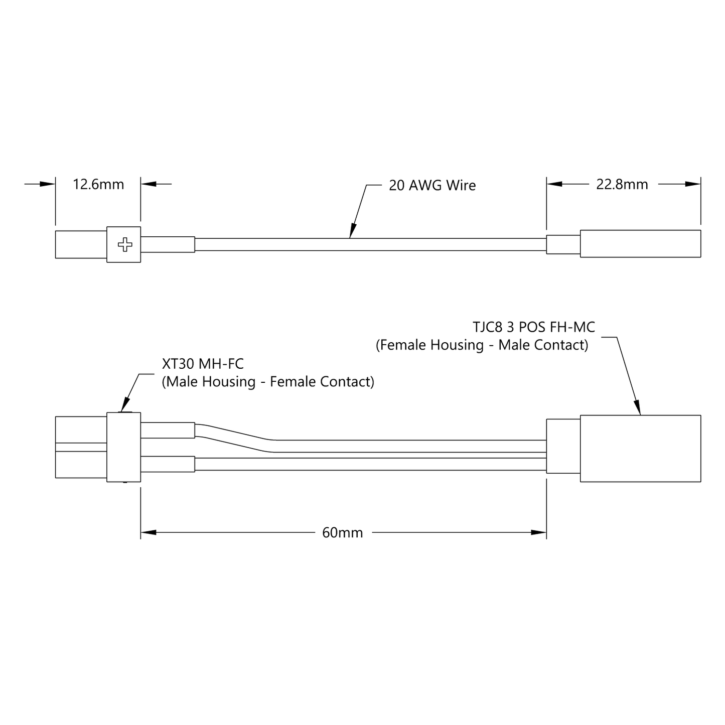 XT30 [MH-FC] to 2-Pos TJC8 Power Connector [FH-MC] Adaptor (60mm Length)