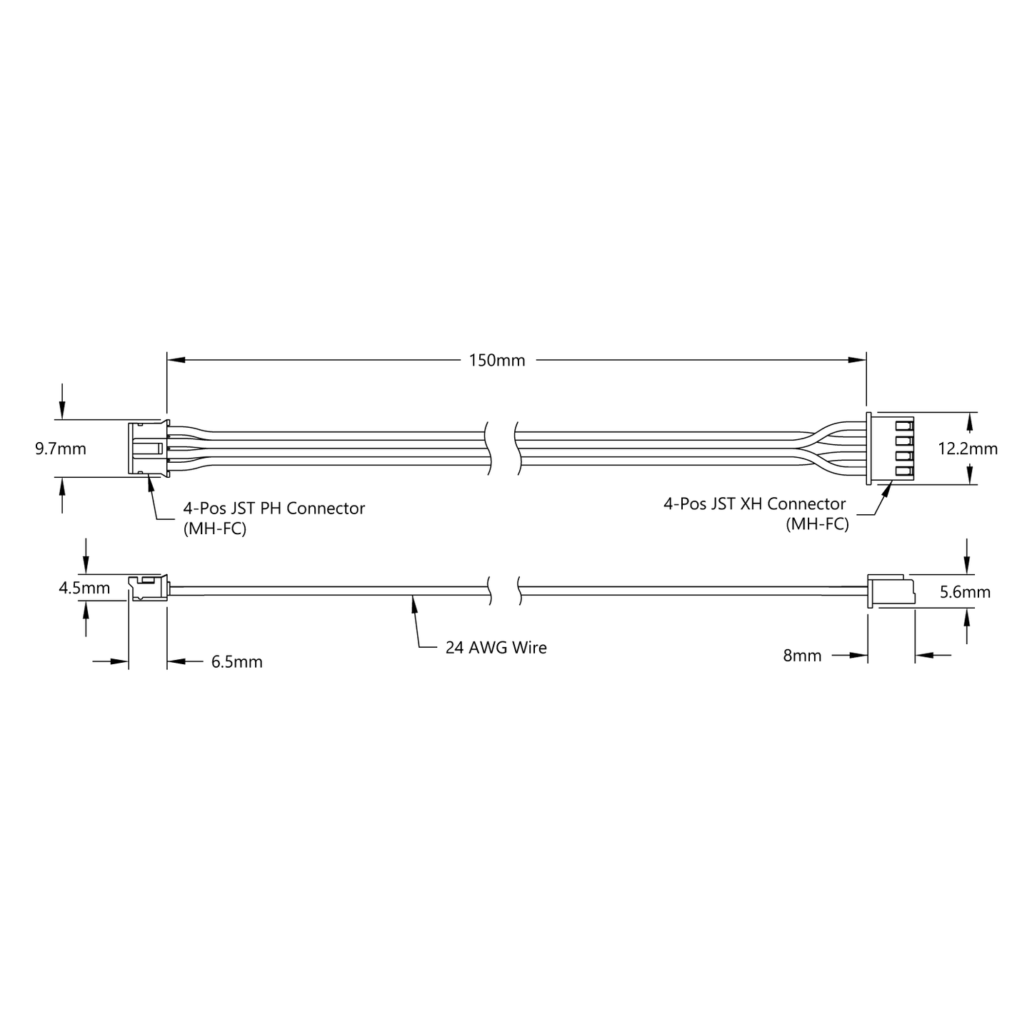 4-Pos JST PH [MH-FC] to 4-Pos JST XH [MH-FC] Adaptor (150mm Length)