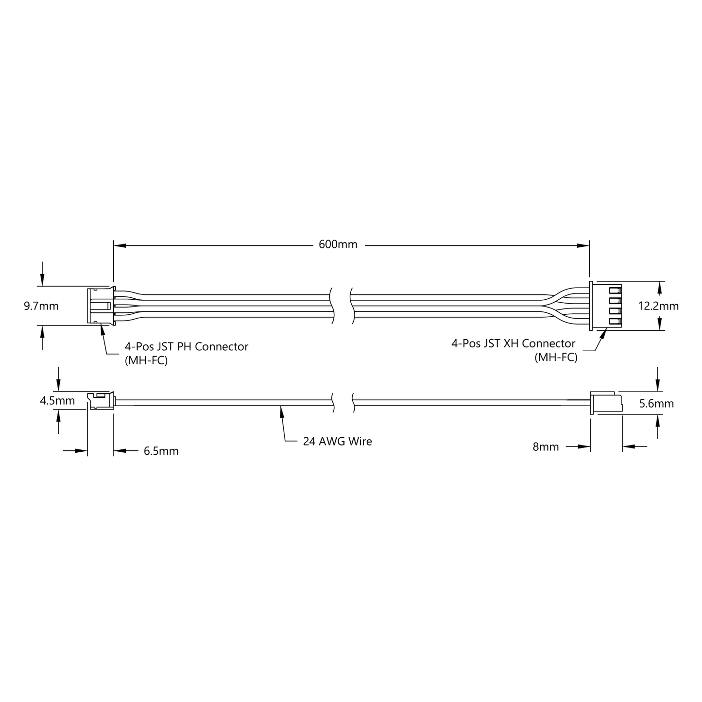 4-Pos JST PH [MH-FC] to 4-Pos JST XH [MH-FC] Adaptor (600mm Length)