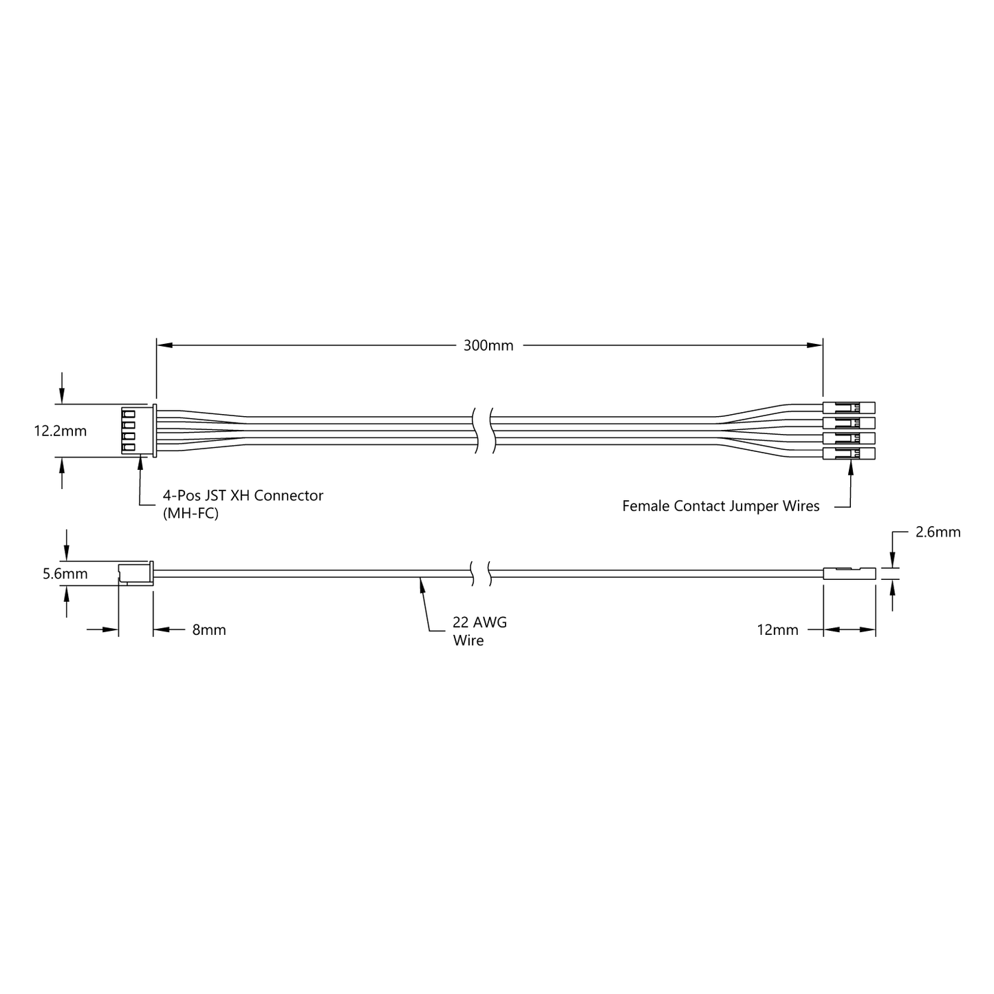 Encoder Breakout Cable (4-Pos JST XH [MH-FC] to 4 x 1-Pos TJC8 [MH-FC], 300mm Length)