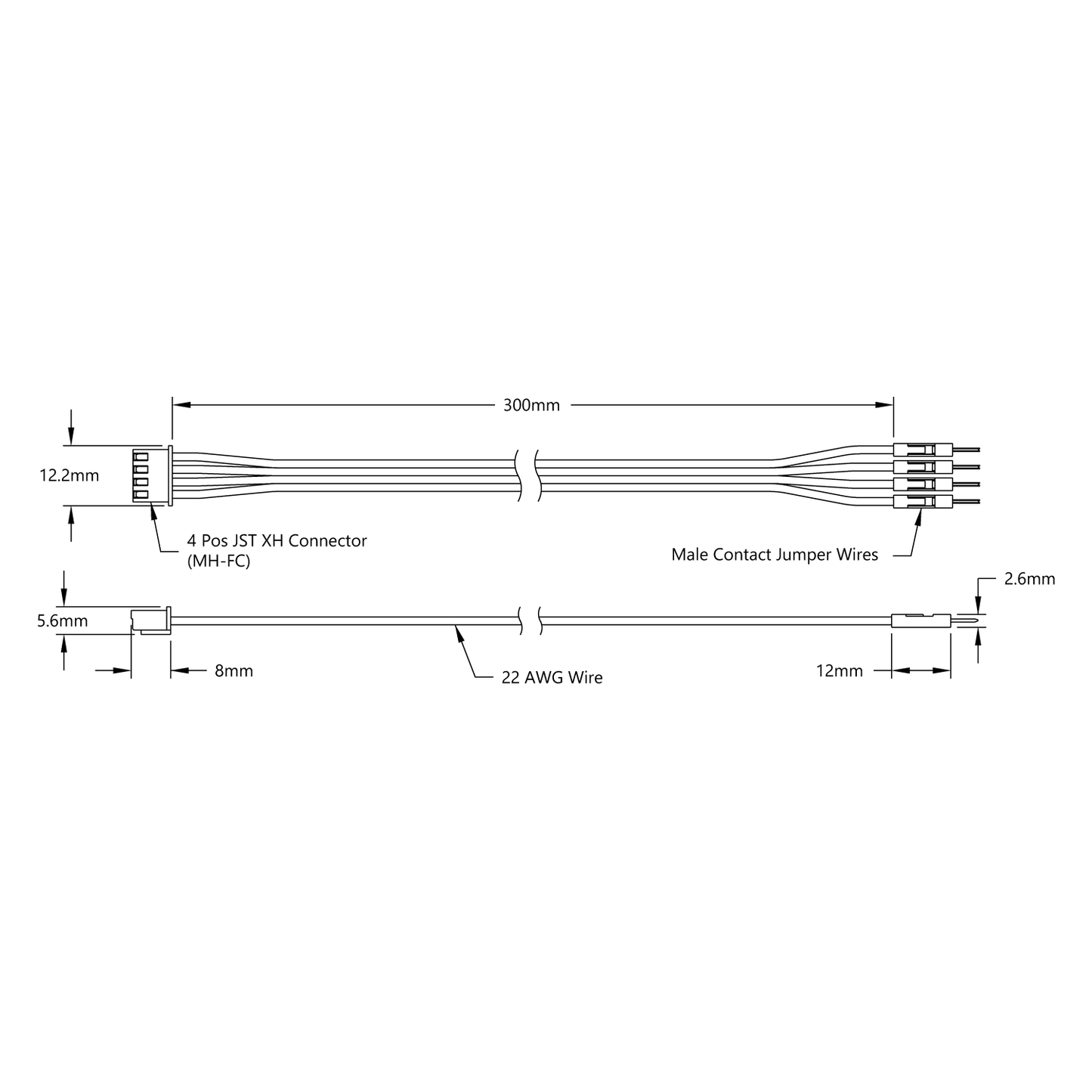 Encoder Breakout Cable (4-Pos JST XH [MH-FC] to 4 x 1-Pos TJC8 [FH-MC], 300mm Length)