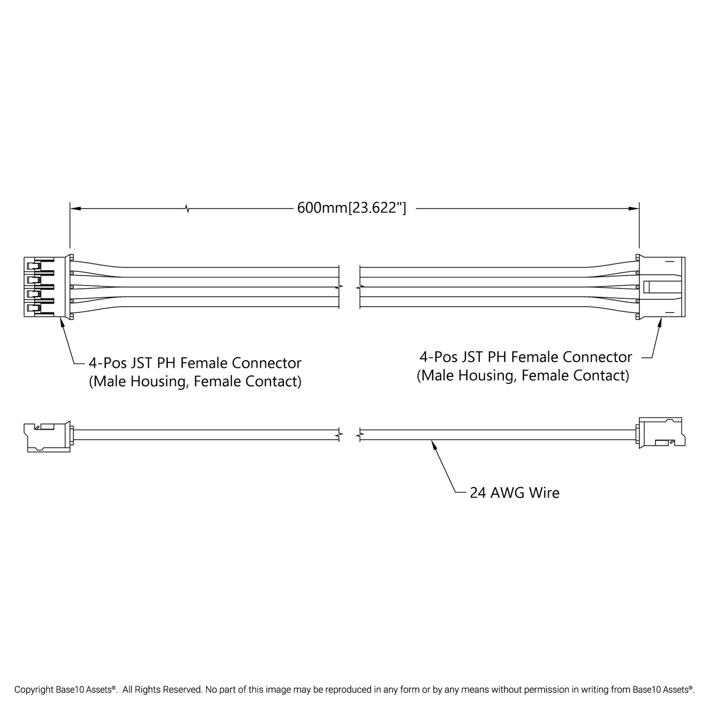 JST PH Cable (4-Pos JST PH, MH-FC to MH-FC, 600mm Length)