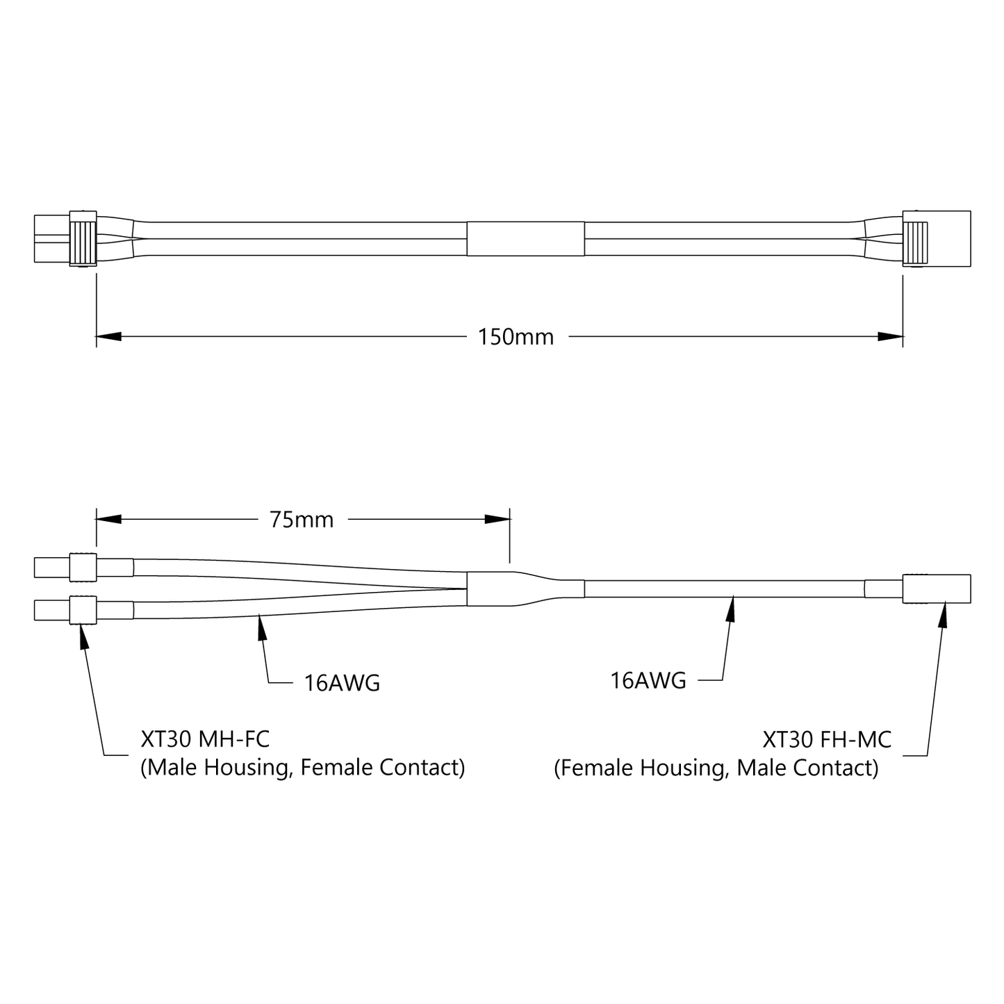 XT30 Y-Harness (Single FH-MC XT30 to Dual MH-FC XT30, 150mm Length)