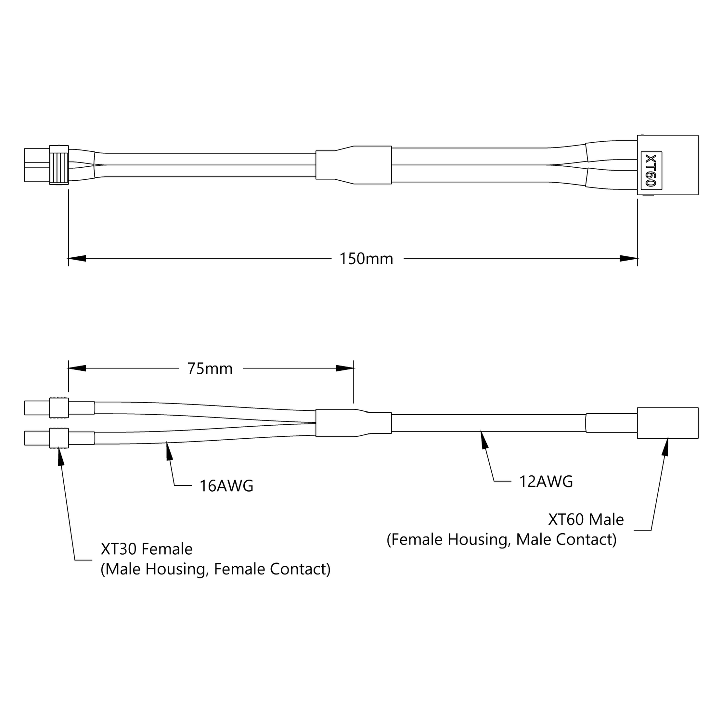 XT60 to XT30 Y-Harness (Single FH-MC XT60 to Dual MH-FC XT30, 150mm Length)