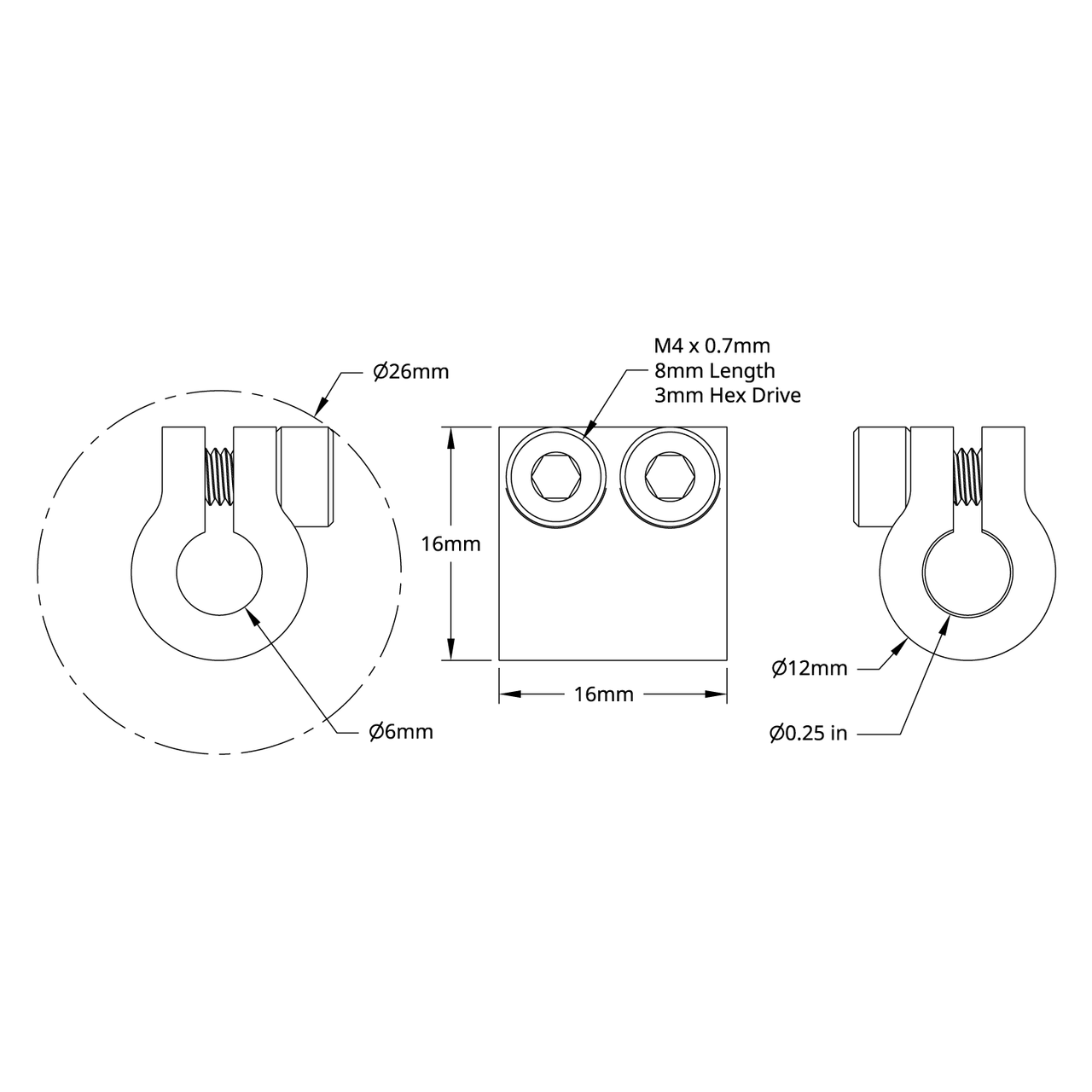 4000 Series Clamping Shaft Coupler (6mm Round Bore to 0.250" Round Bore)