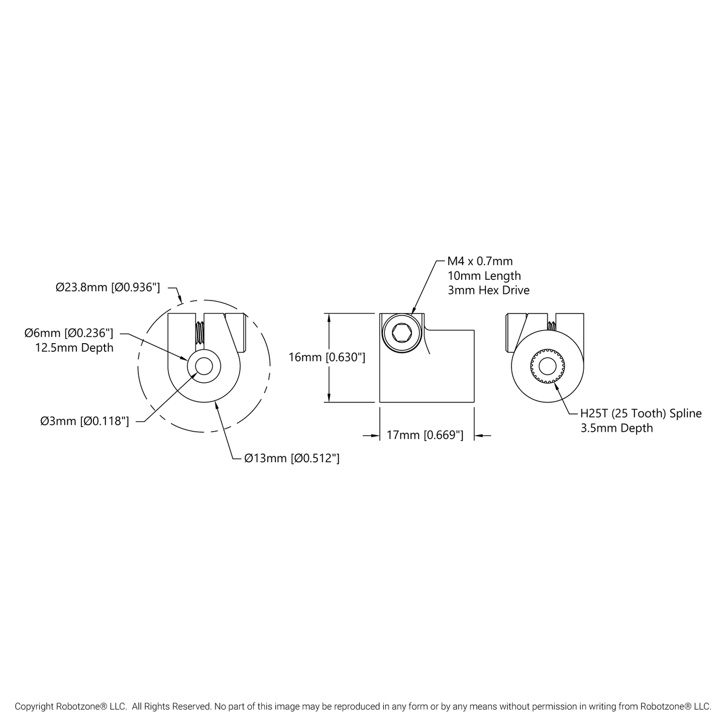 4001 Series Clamping Servo to Shaft Coupler (25 Tooth Spline to 6mm Round Bore)