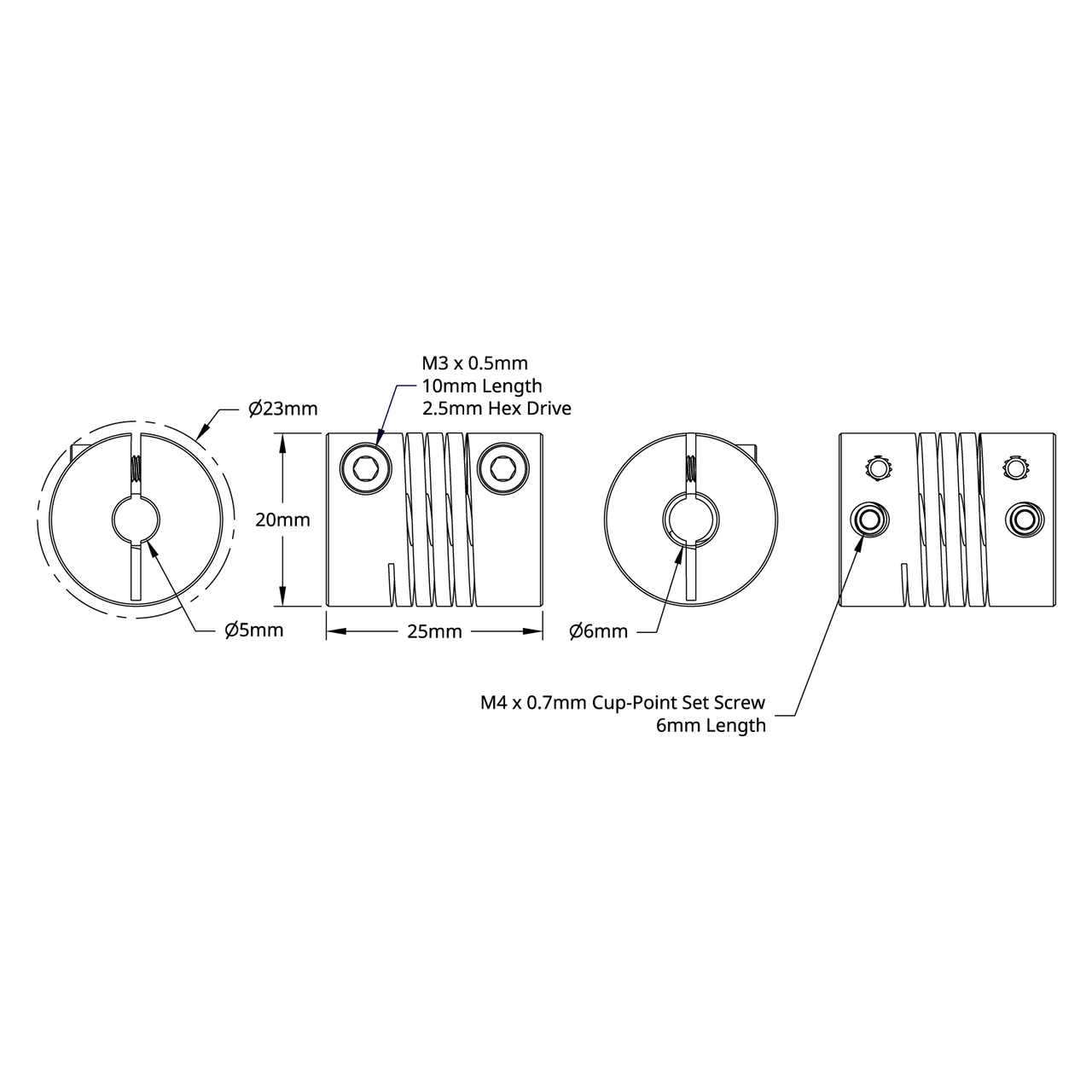 4002 Series Flexible Clamping Shaft Coupler (5mm Round Bore to 6mm Round Bore)