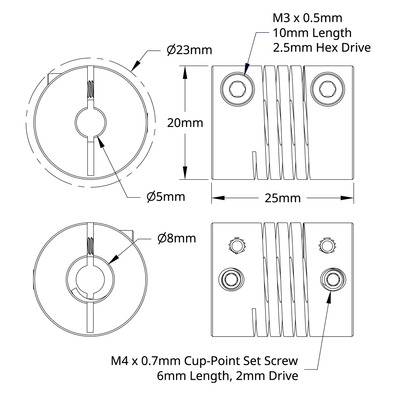 4002 Series Flexible Clamping Shaft Coupler (5mm Round Bore to 8mm Round Bore)