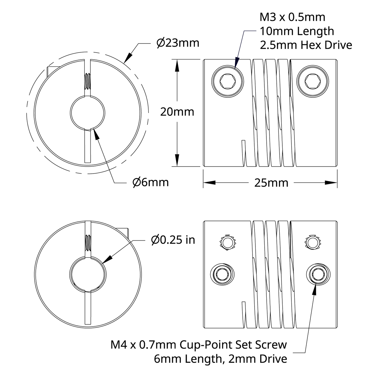 4002 Series Flexible Clamping Shaft Coupler (6mm Round Bore to 0.250" Round Bore)