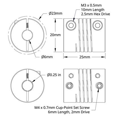 4002 Series Flexible Clamping Shaft Coupler (6mm Round Bore to 0.250" Round Bore)