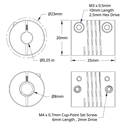 4002 Series Flexible Clamping Shaft Coupler (8mm Round Bore to 0.250" Round Bore)