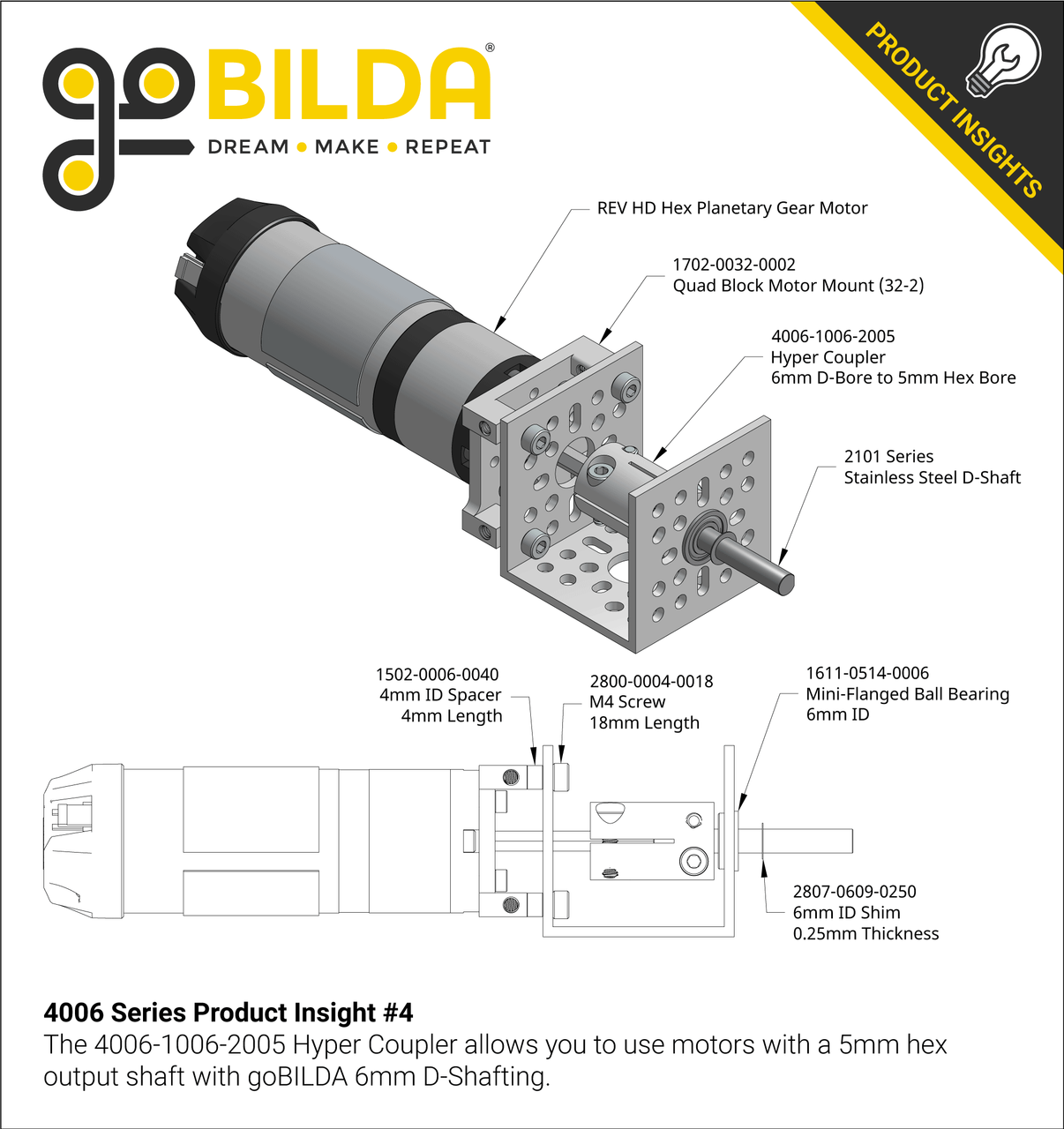 4006 Series Hyper Coupler (6mm D-Bore to 5mm Hex Bore)