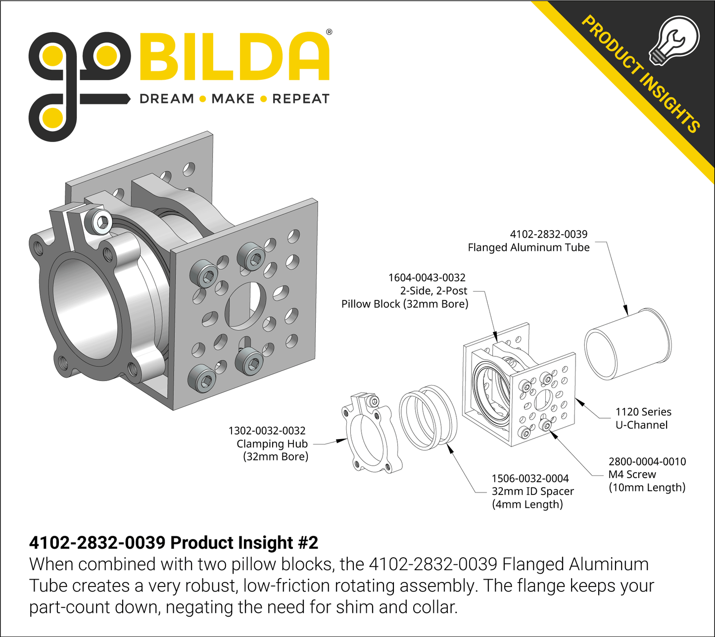 4102 Series Aluminum Flanged Tube (28mm ID x 32mm OD, 39mm Length)