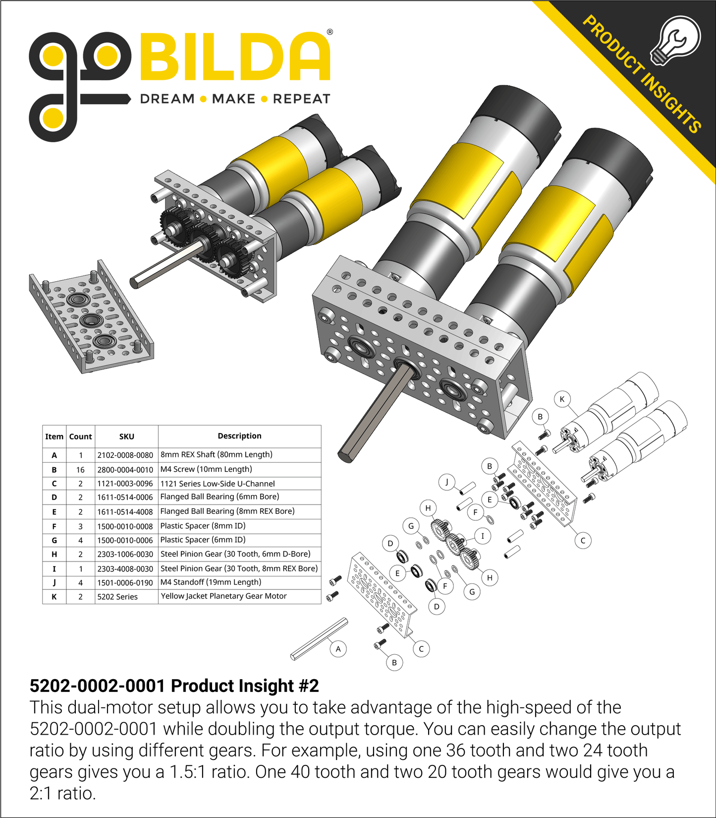 5202 Series Yellow Jacket Motor (1:1 Ratio, 24mm Length 6mm D-Shaft, 6000 RPM, 3.3 - 5V Encoder)