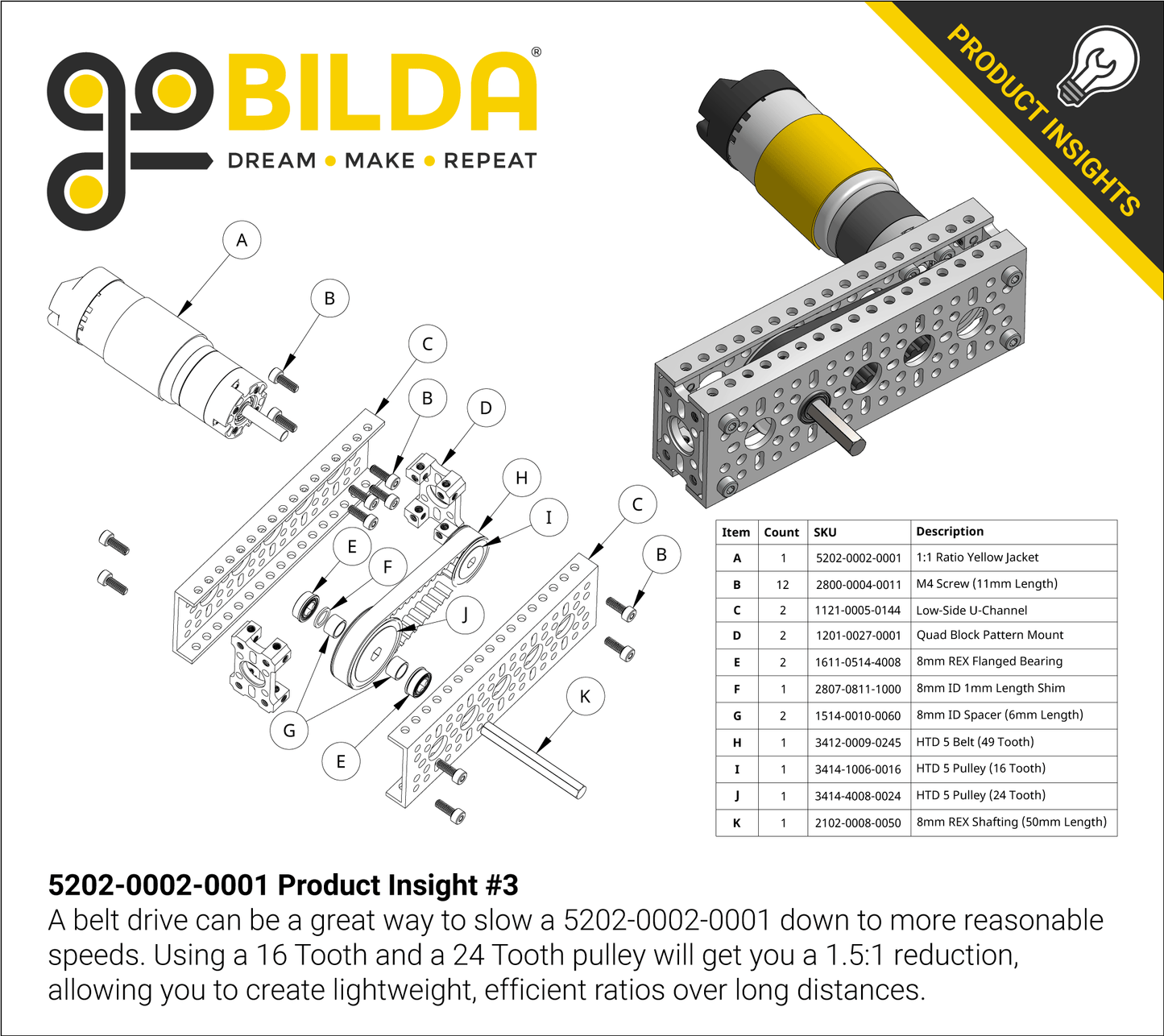 5202 Series Yellow Jacket Motor (1:1 Ratio, 24mm Length 6mm D-Shaft, 6000 RPM, 3.3 - 5V Encoder)