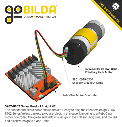 5202 Series Yellow Jacket Motor (1:1 Ratio, 24mm Length 6mm D-Shaft, 6000 RPM, 3.3 - 5V Encoder)