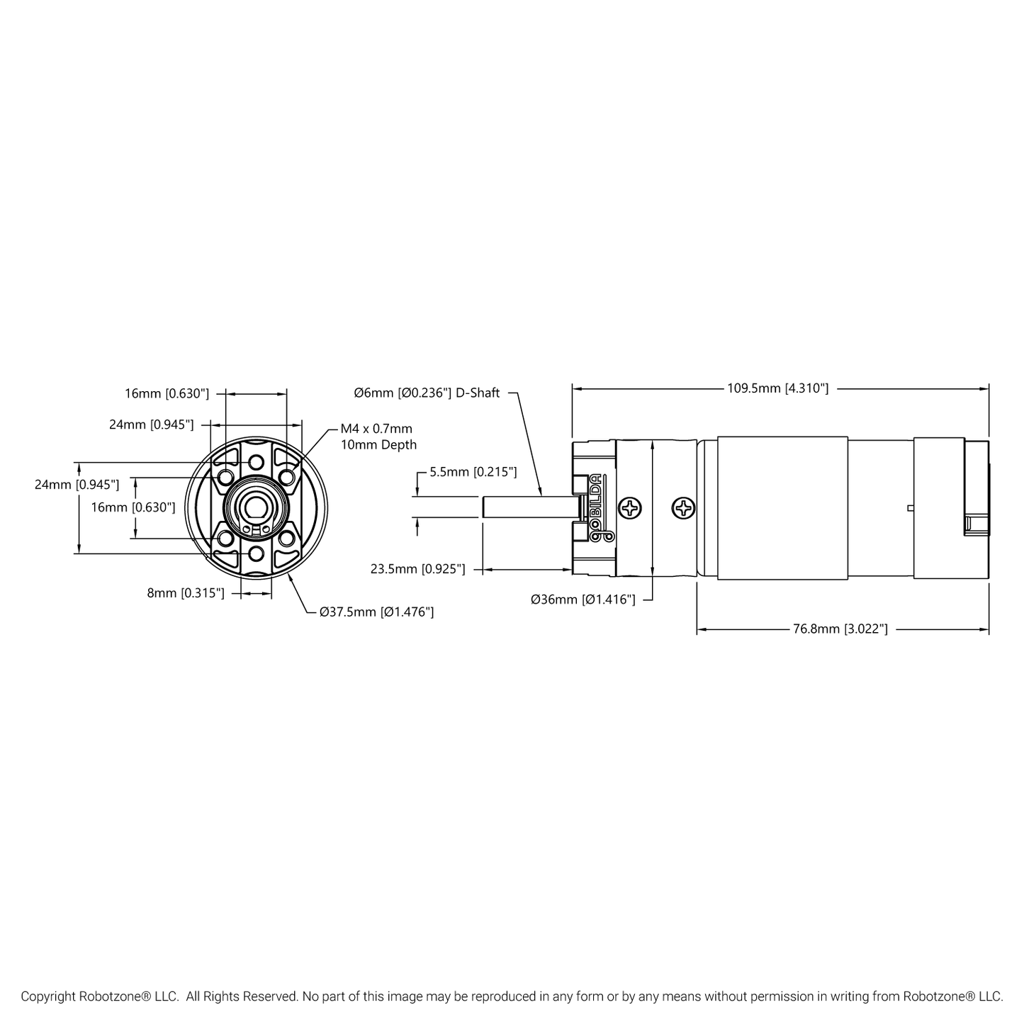 5202 Series Yellow Jacket Planetary Gear Motor (3.7:1 Ratio, 24mm Length 6mm D-Shaft, 1620 RPM, ⌀36mm Gearbox, 3.3 - 5V Encoder)