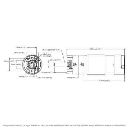 5202 Series Yellow Jacket Planetary Gear Motor (5.2:1 Ratio, 24mm Length 6mm D-Shaft, 1150 RPM, ⌀36mm Gearbox, 3.3 - 5V Encoder)