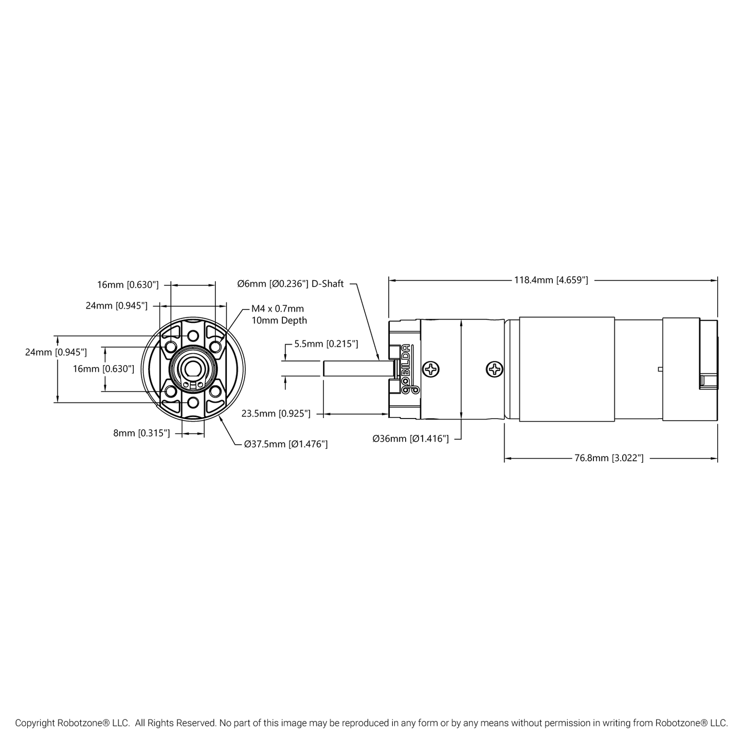 5202 Series Yellow Jacket Planetary Gear Motor (13.7:1 Ratio, 24mm Length 6mm D-Shaft, 435 RPM, ⌀36mm Gearbox, 3.3 - 5V Encoder)