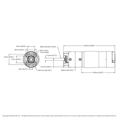 5202 Series Yellow Jacket Planetary Gear Motor (26.9:1 Ratio, 24mm Length 6mm D-Shaft, 223 RPM, ⌀36mm Gearbox, 3.3 - 5V Encoder)