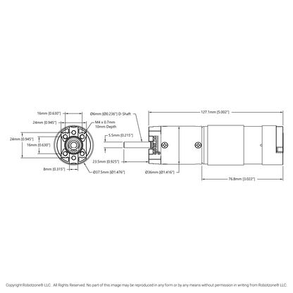 5202 Series Yellow Jacket Planetary Gear Motor (50.9:1 Ratio, 24mm Length 6mm D-Shaft, 117 RPM, ⌀36mm Gearbox, 3.3 - 5V Encoder)