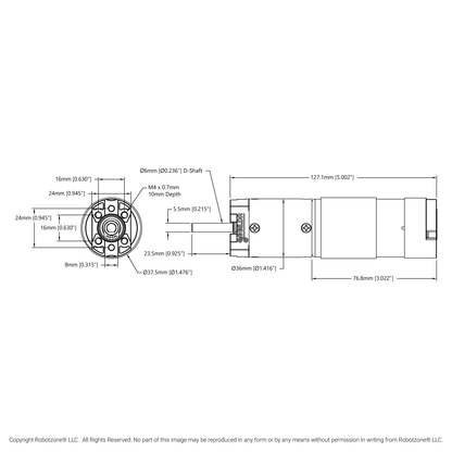 5202 Series Yellow Jacket Planetary Gear Motor (99.5:1 Ratio, 24mm Length 6mm D-Shaft, 60 RPM, ⌀36mm Gearbox, 3.3 - 5V Encoder)