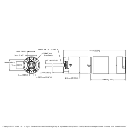 5202 Series Yellow Jacket Planetary Gear Motor (188:1 Ratio, 24mm Length 6mm D-Shaft, 30 RPM, ⌀36mm Gearbox, 3.3 - 5V Encoder)