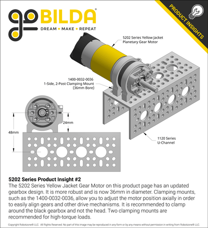 5202 Series Yellow Jacket Planetary Gear Motor (13.7:1 Ratio, 24mm Length 6mm D-Shaft, 435 RPM, ⌀36mm Gearbox, 3.3 - 5V Encoder)