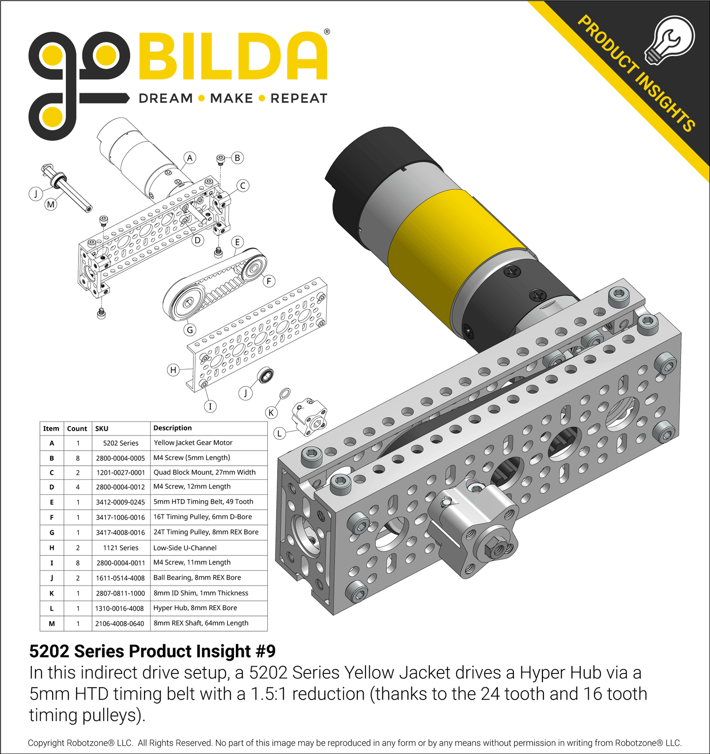 5202 Series Yellow Jacket Planetary Gear Motor (139:1 Ratio, 24mm Length 6mm D-Shaft, 43 RPM, ⌀36mm Gearbox, 3.3 - 5V Encoder)