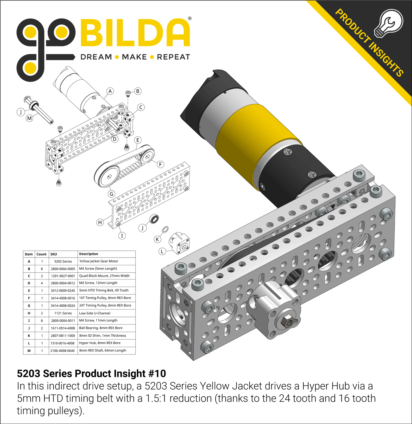 5203 Series Yellow Jacket Planetary Gear Motor (19.2:1 Ratio, 24mm Length 8mm REX™ Shaft, 312 RPM, 3.3 - 5V Encoder)