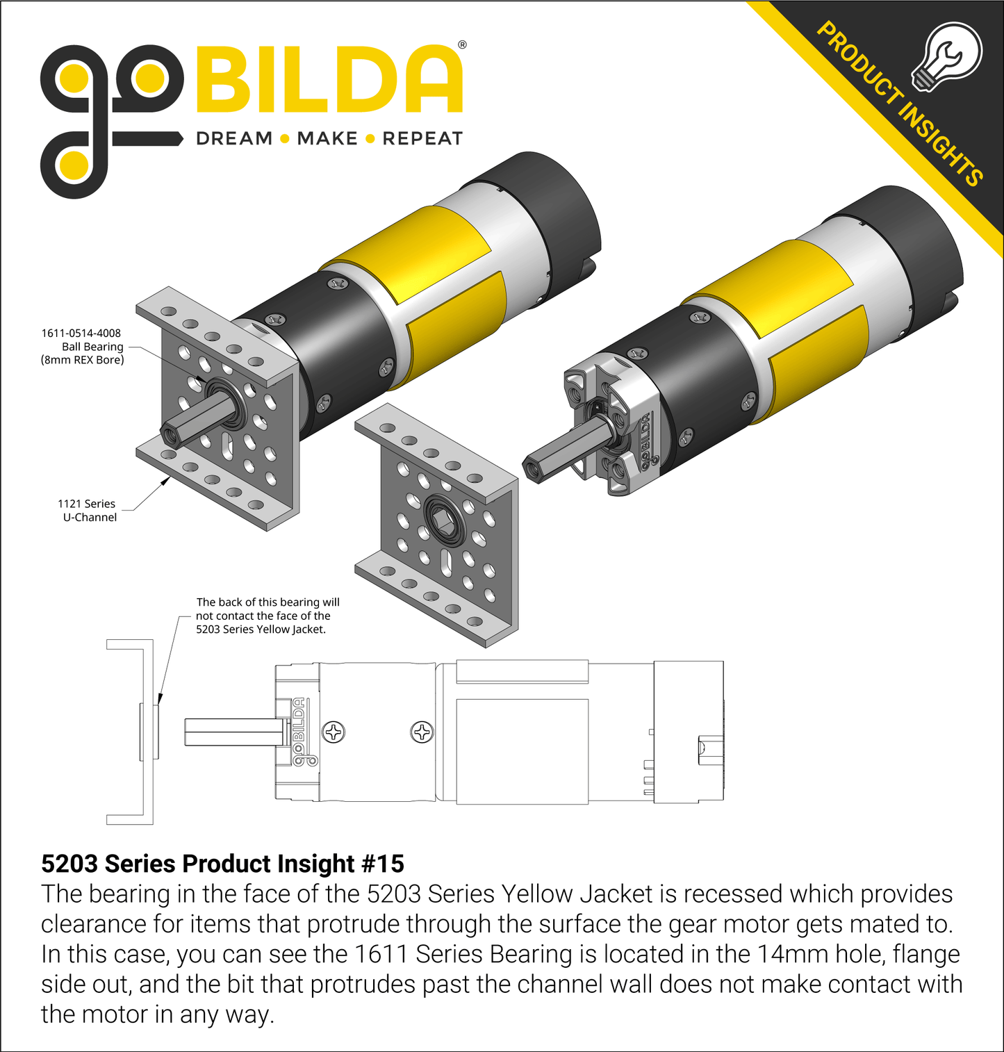 5203 Series Yellow Jacket Planetary Gear Motor (13.7:1 Ratio, 24mm Length 8mm REX™ Shaft, 435 RPM, 3.3 - 5V Encoder)