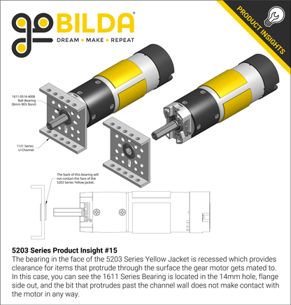 5203 Series Yellow Jacket Planetary Gear Motor (5.2:1 Ratio, 24mm Length 8mm REX™ Shaft, 1150 RPM, 3.3 - 5V Encoder)