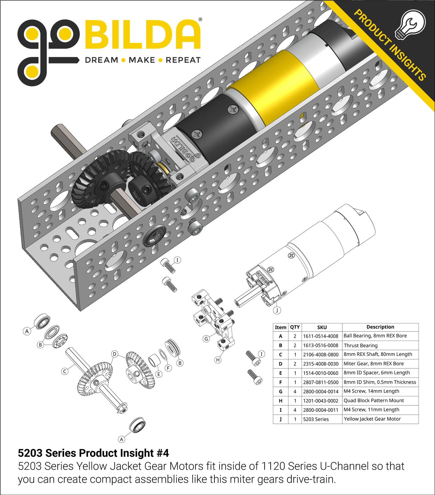 5203 Series Yellow Jacket Planetary Gear Motor (50.9:1 Ratio, 24mm Length 8mm REX™ Shaft, 117 RPM, 3.3 - 5V Encoder)