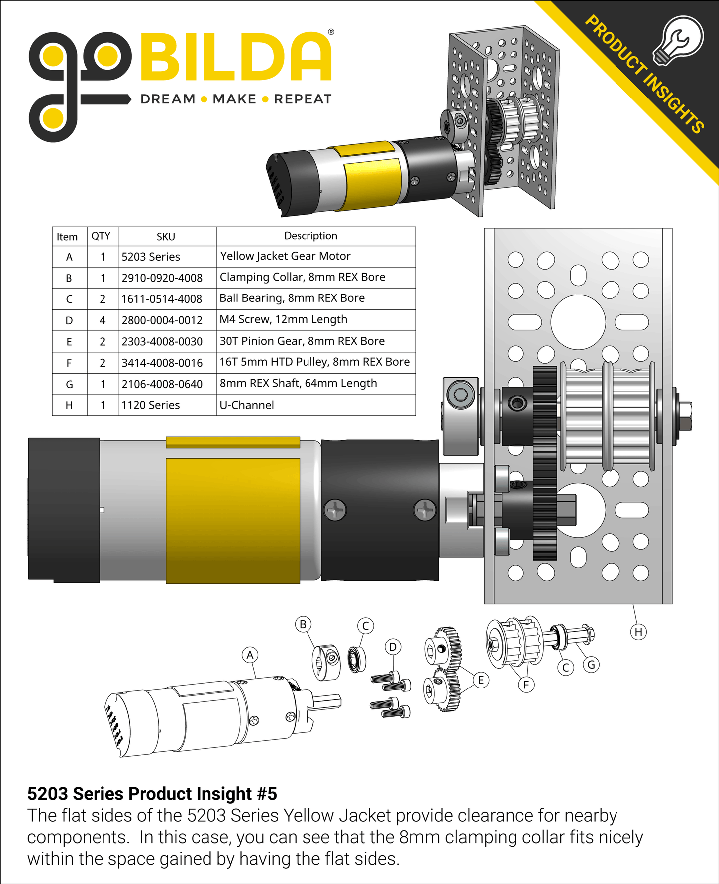 5203 Series Yellow Jacket Planetary Gear Motor (19.2:1 Ratio, 24mm Length 8mm REX™ Shaft, 312 RPM, 3.3 - 5V Encoder)