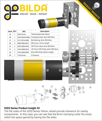 5203 Series Yellow Jacket Motor (1:1 Ratio, 24mm Length 8mm REX™ Shaft, 6000 RPM, 3.3 - 5V Encoder)