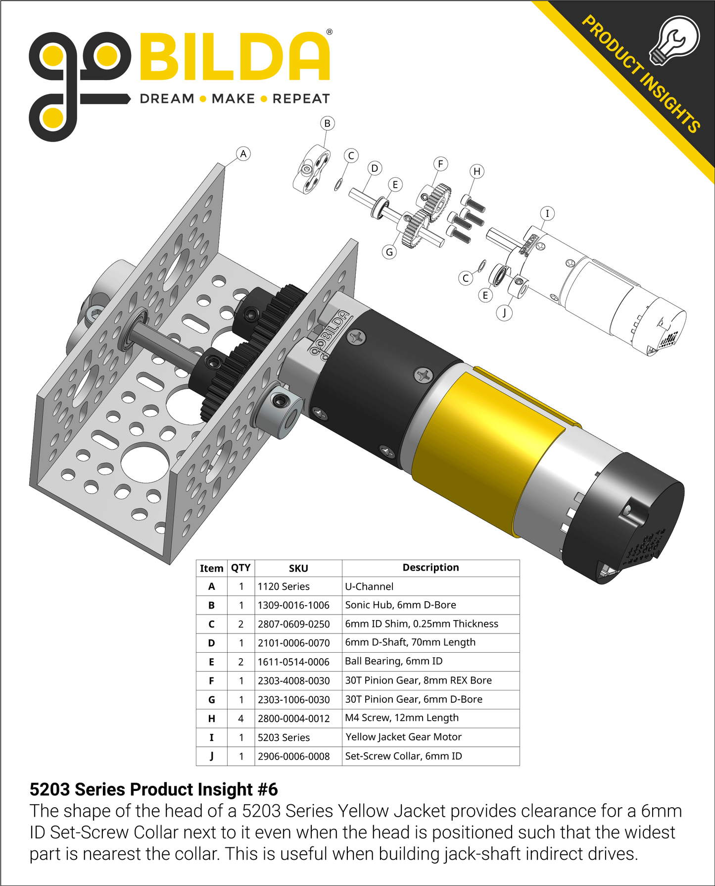 5203 Series Yellow Jacket Planetary Gear Motor (50.9:1 Ratio, 24mm Length 8mm REX™ Shaft, 117 RPM, 3.3 - 5V Encoder)