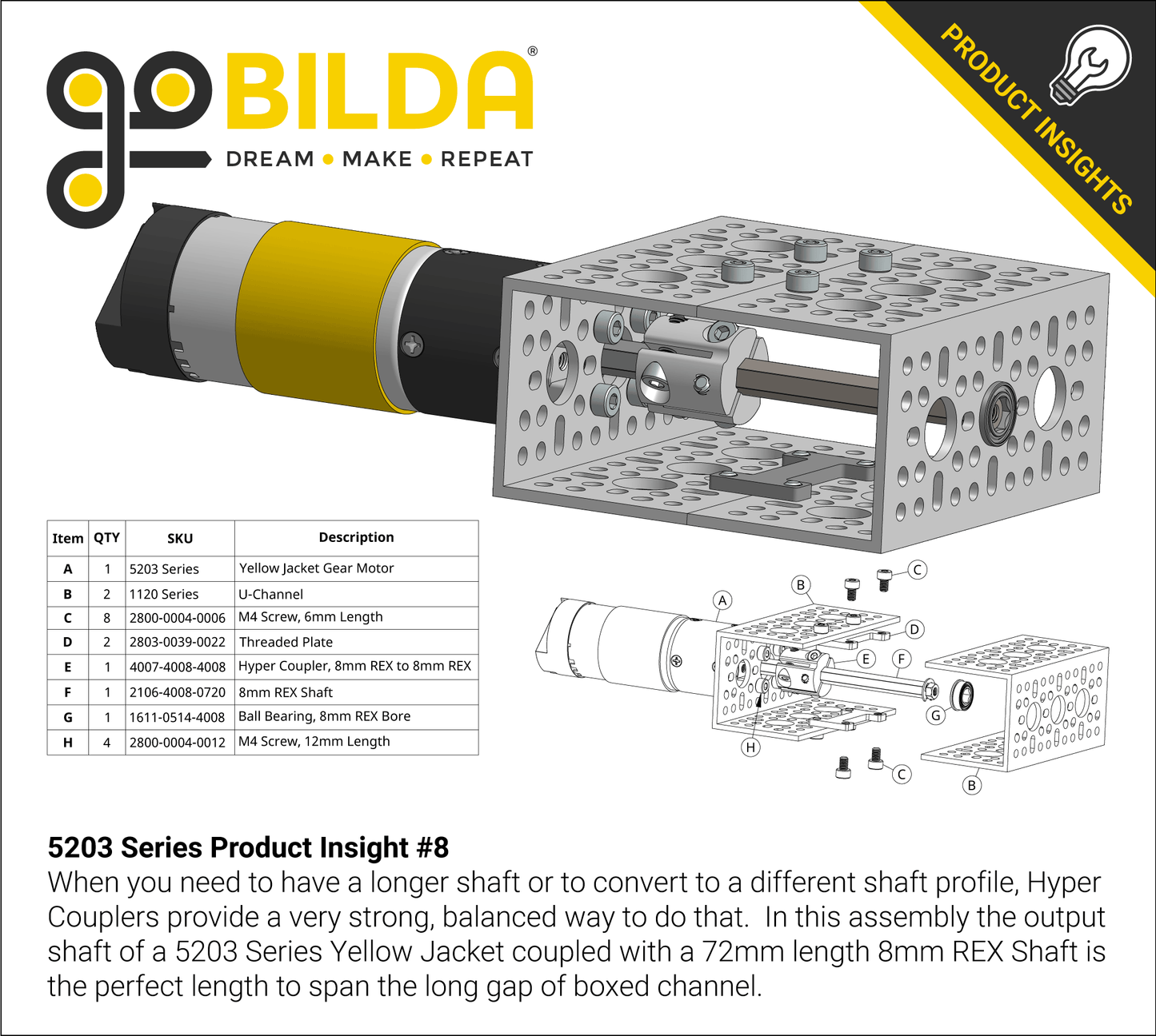 5203 Series Yellow Jacket Planetary Gear Motor (139:1 Ratio, 24mm Length 8mm REX™ Shaft, 43 RPM, 3.3 - 5V Encoder)