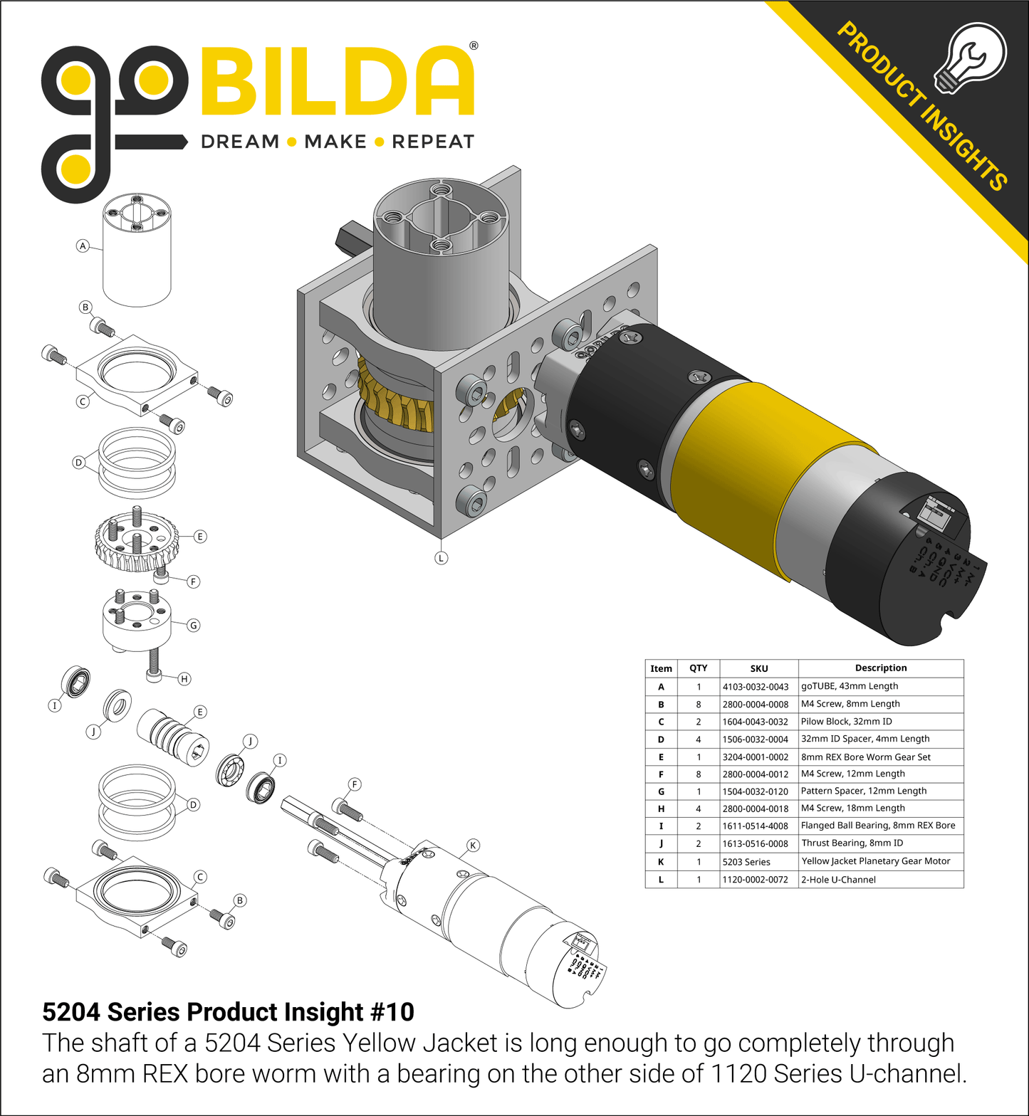 5204 Series Yellow Jacket Planetary Gear Motor (139:1 Ratio, 80mm Length 8mm REX™ Shaft, 43 RPM, 3.3 - 5V Encoder)