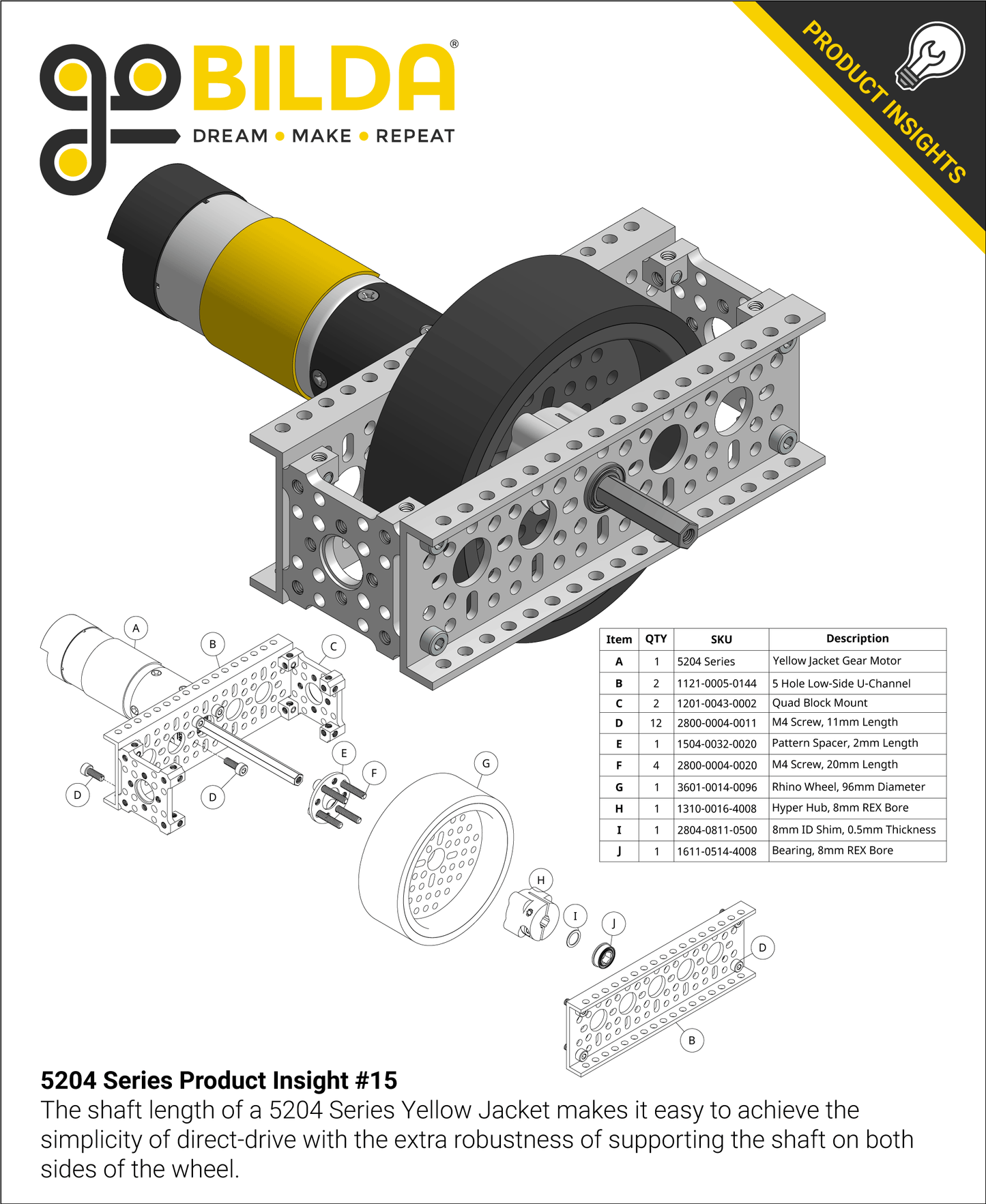 5204 Series Yellow Jacket Planetary Gear Motor (71.2:1 Ratio, 80mm Length 8mm REX Shaft, 84 RPM, 3.3 - 5V Encoder)